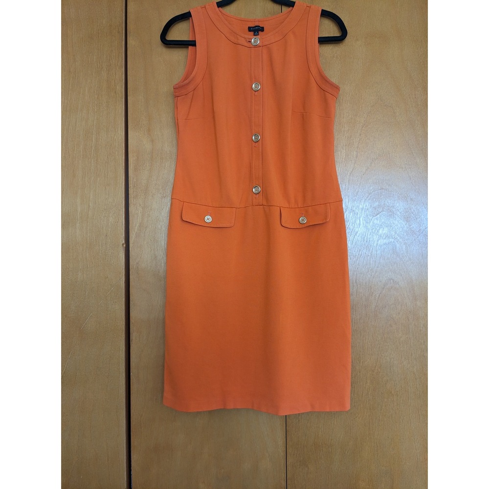Talbots Womens Orange Sleeveless Button Front Shift Dress Size 6 Knit Pockets